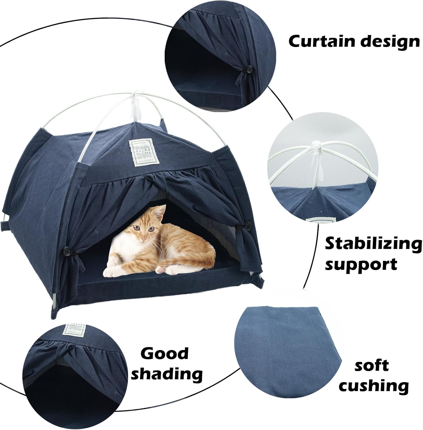 Cat Tent Bed,Cats Cave House Portable for Indoor with Removable Non-Slip Soft Pad Foldable Cat Tents Hut Washable Pet House Bed Outdoor for Kitty Puppy Small Pets 15.7x15.7x16.1 in (Navy Blue) - Pet Explorer