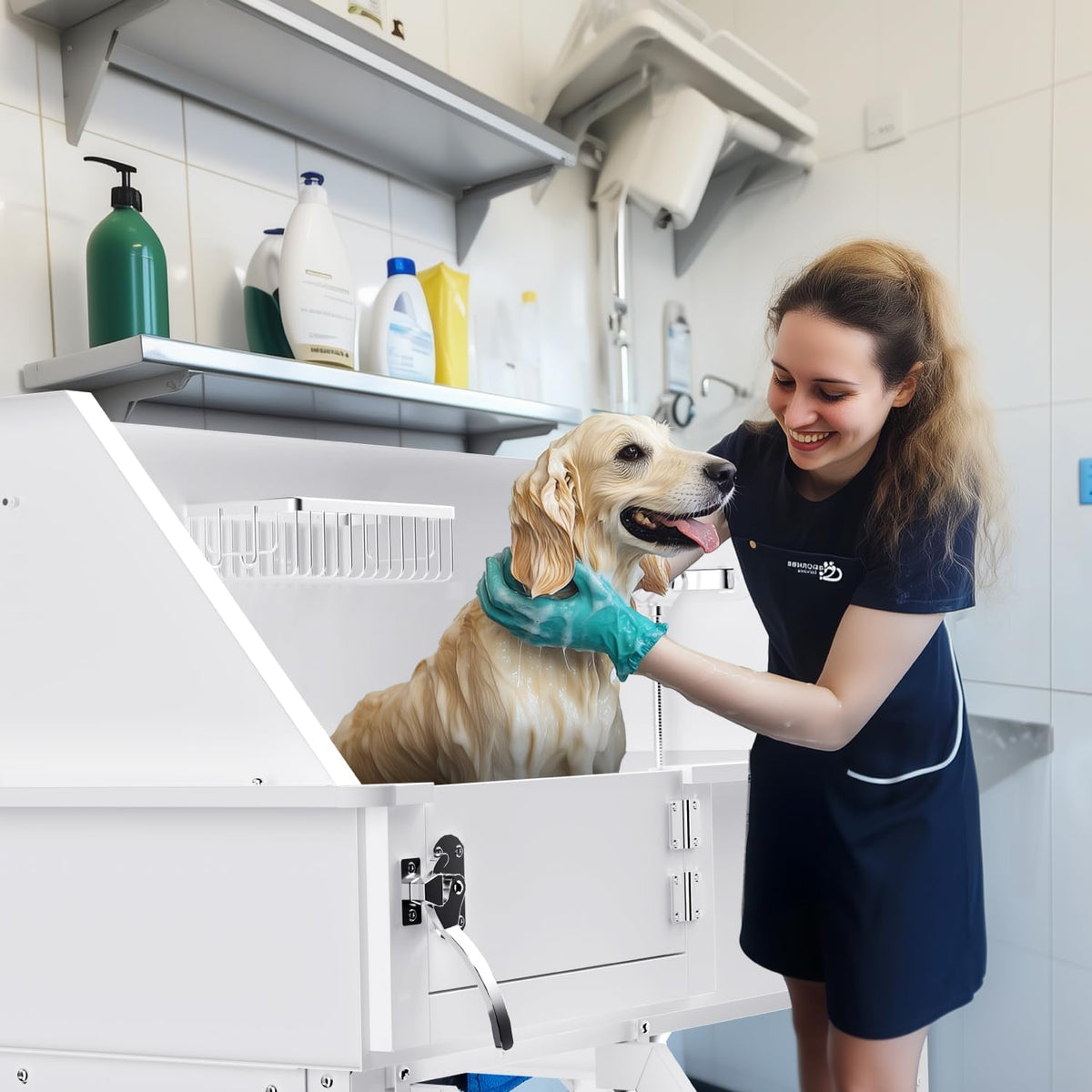 Dog Washing Station for Home, 38" White Professional Stainless Steel Dog Grooming Tub, Height Adjustable Dog Bathing Station, Upgrade Parts, Dog Bath Tubs for Small & Medium Dogs(Left Ramp) - Pet Explorer