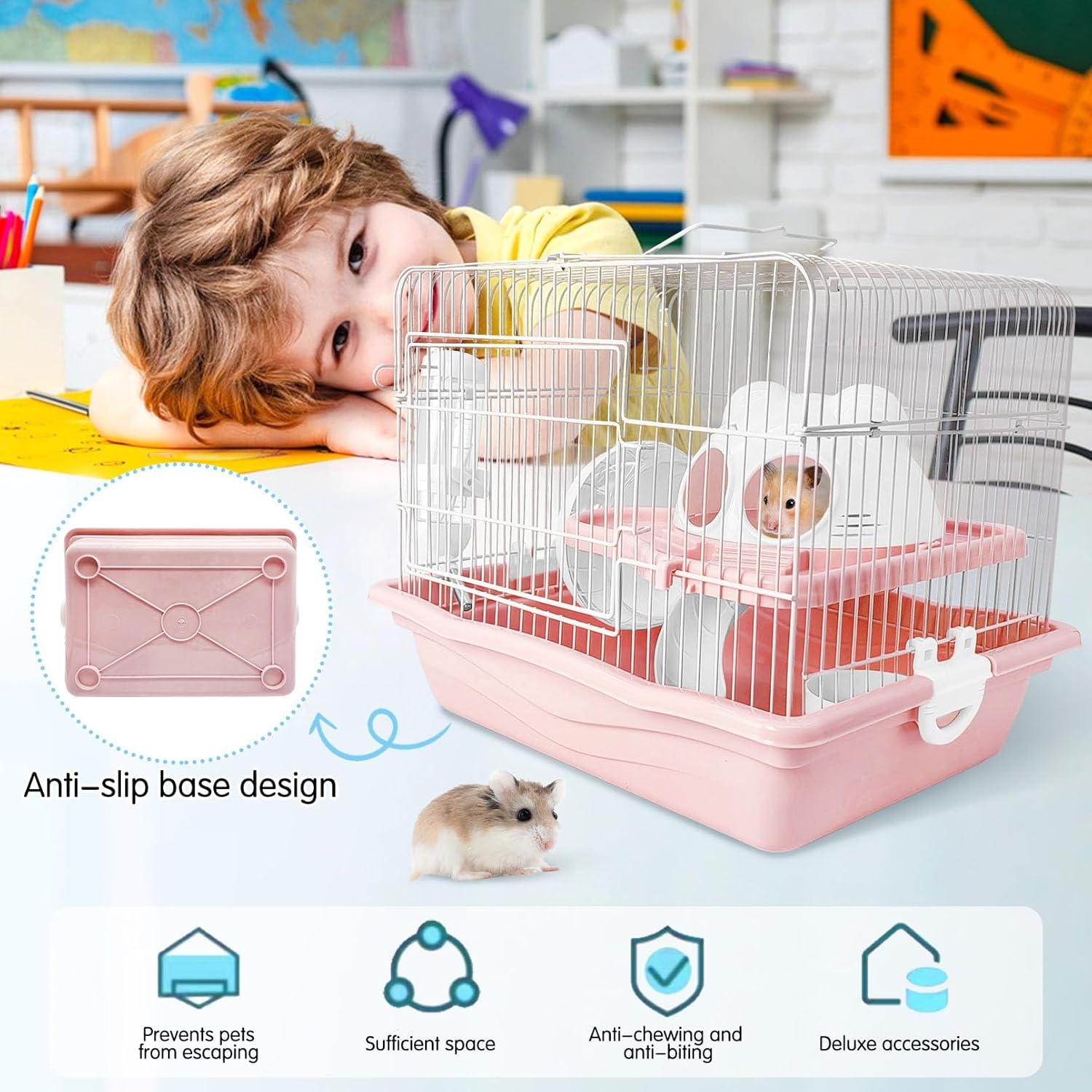 PINVNBY Dwarf Hamster Cage, Small Animal Cages, 2-Tier Travel Portable Mouse Cage Hamster Carrier with Castle House Running Exercise Wheels, Water Bottle and Food Dis（Pink） - Pet Explorer