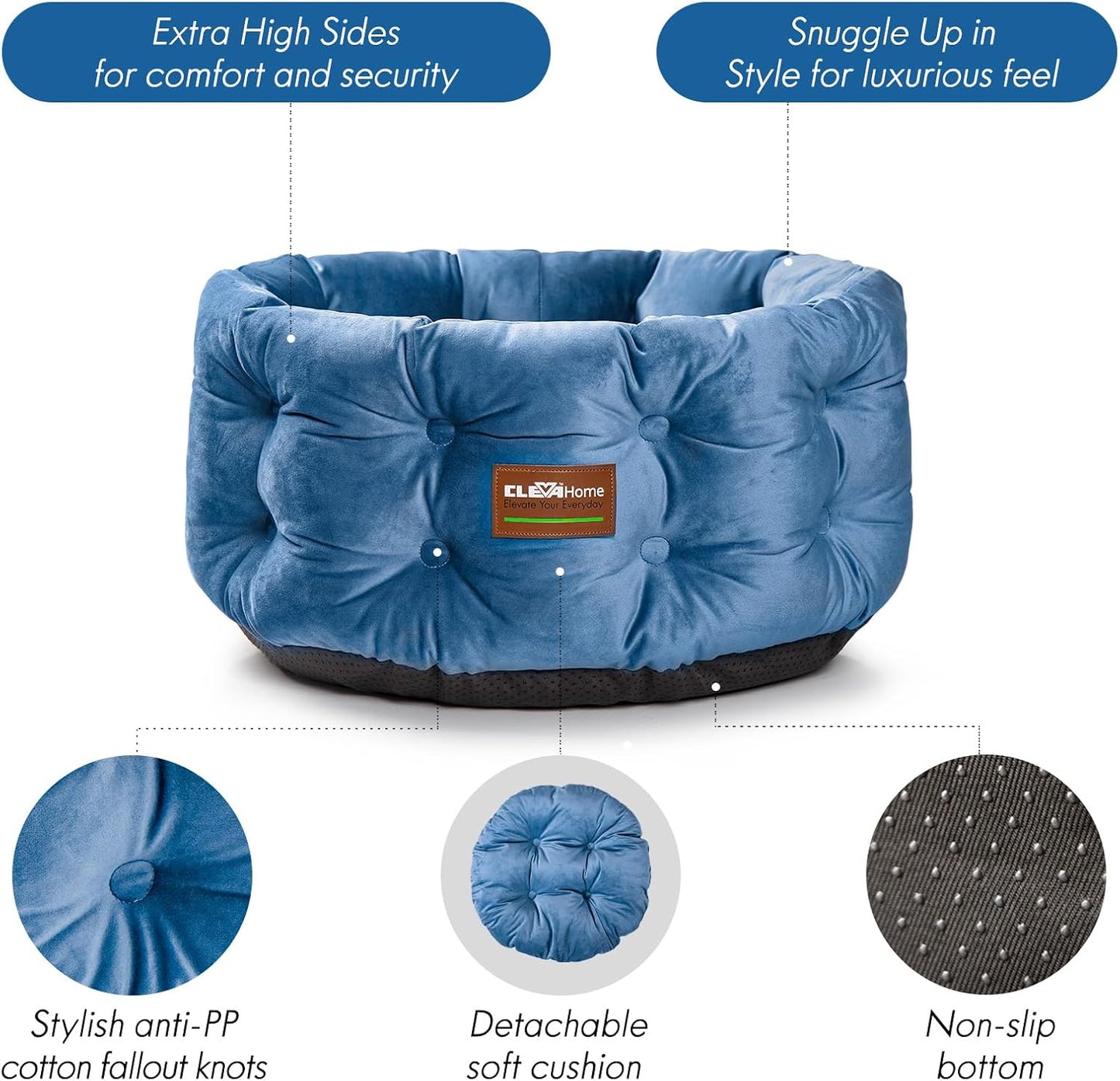 ClevaHome Deep Nest Cat Bed for Small Pets up to 15lbs - Round Cat Beds for Indoor Cats, Luxurious Velvet Feel, Extra High Sides, Machine Washable Comfort Pet Bed with Non-Slip Bottom (Steel Blue) - Pet Explorer
