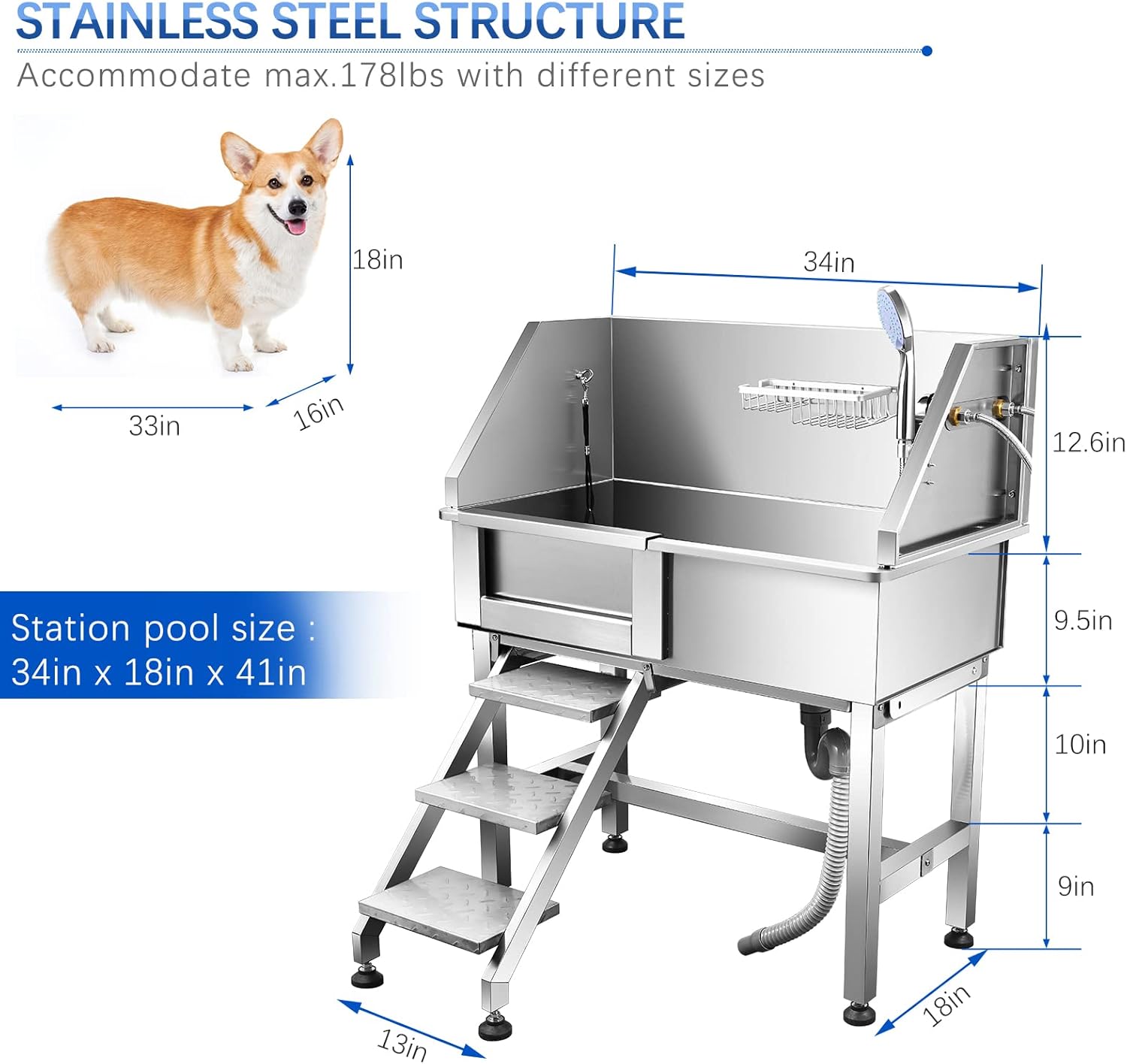 34'' Dog Washing Station for Small Dogs Grooming Tub Bathing Station Professional Pet Wash Station Bathtub for Home with Sliding Door, Faucet, Steps - Pet Explorer