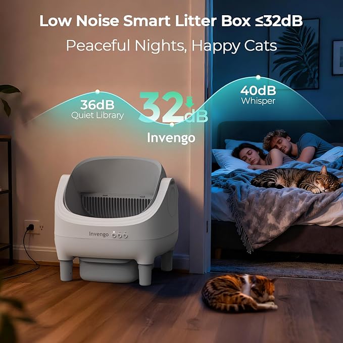 Automatic Cat Litter Box Self Cleaning, App Control, Open-Top Automatic Litter Box with Safety Sensors, Ultra-Quiet, 10L Waste Bin with Odor Control, 2 Rolls of Garbage Bags, LightGrey