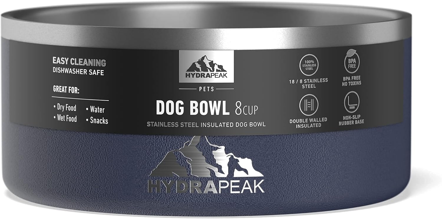 Hydrapeak Dog Bowl; Non Slip Stainless Steel; Water and Food Dish; Large Sized and Small Dogs; 32oz 64oz; Multiple Sizes | 8 Cup | Navy - Pet Explorer