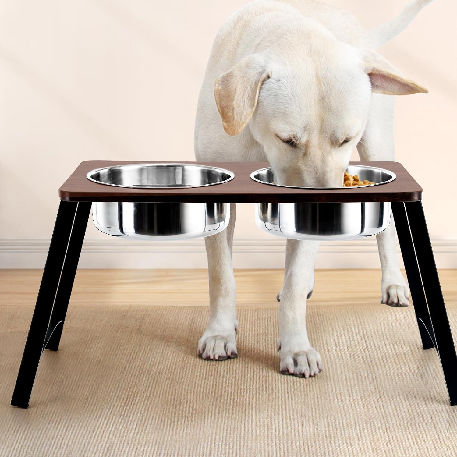 Elevated Dog Bowls for Medium and Large Dogs Wood Raised Bowl Stand with Two 1700ML (58oz) Stainless Steel Dog Food and Water Bowls,Non-Slip - Pet Explorer