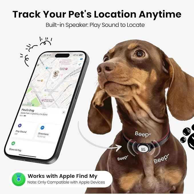 Smart Pet Tracker for Collar - Dog Trackers Location for Pet with Holder, No Monthly Fee, Real-Time Tracking, iOS Only, Long-Lasting, IPX6 Waterproof, Anti-Lost Tracker for Cats, Bag Straps, Black
