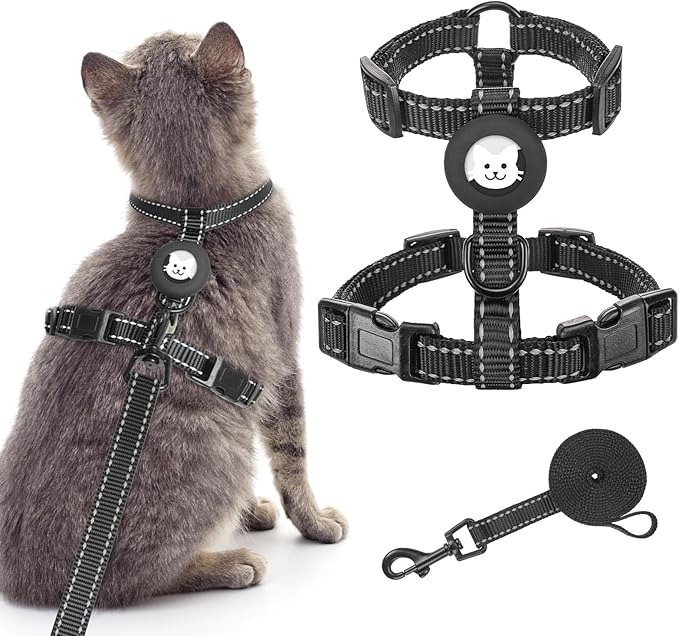 BINGPET Cat Harness with Airtag Holder, Cat Harness and Leash Set Escape Proof for Walking Travel Outdoor, Soft Adjustable Kitten Harnesses for Small Medium Large Cats, Black(Chest:12.5"-18")