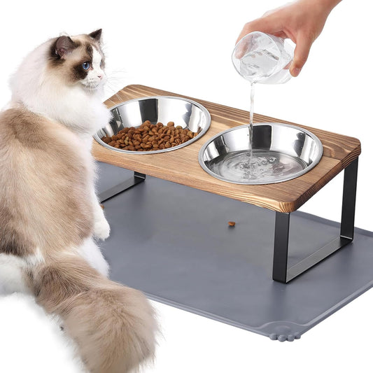 Upgraded Elevated Cat Bowls with Food Mat,15°Tilted Stand Anti Vomiting Raised Cat Dishes for Food and Water,2 Stainless Steel Bowls for Cats and Puppy（Rustic Brown）