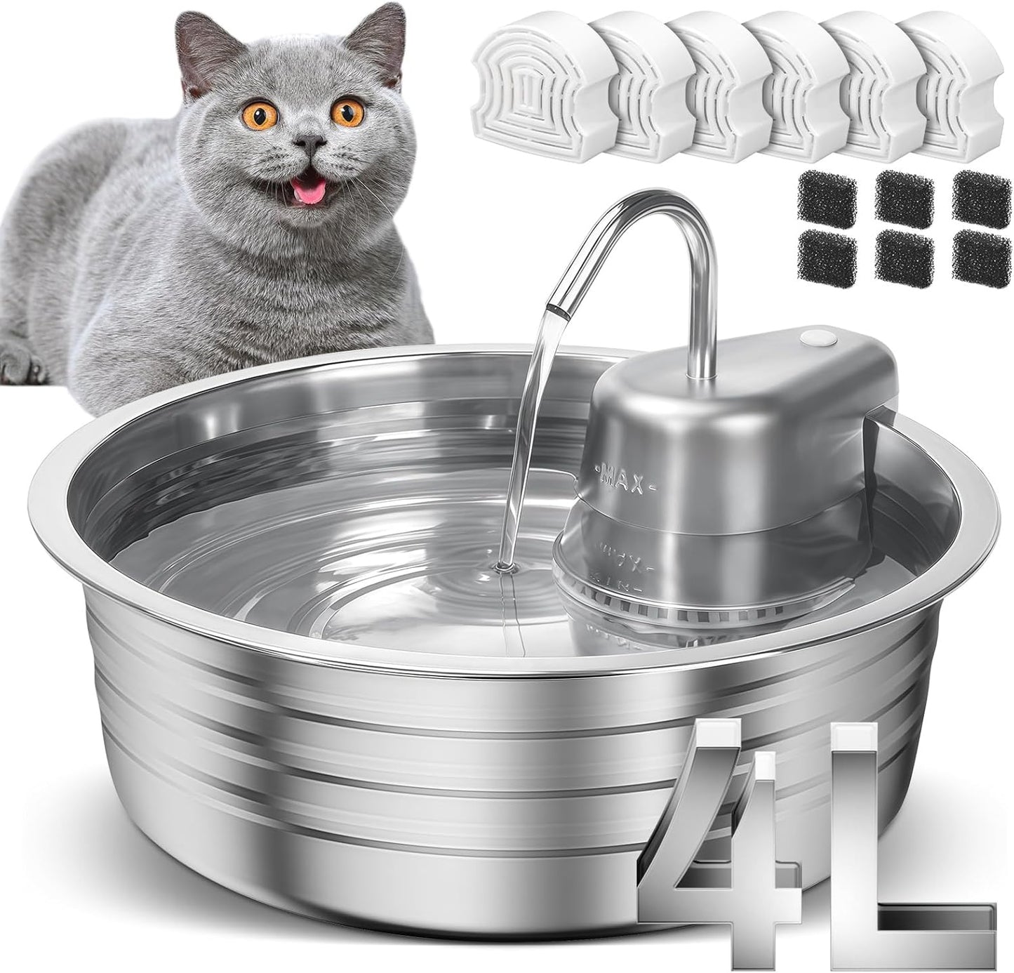 Cat Water Fountain, 4L/135OZ Stainless Steel Pet Fountain Dog Water Dispenser with 6 Filters & 6 Sponges, Dog Water Bowl Cat Drinking Fountains Watering Supplies with Ultra-Quiet Pump for Pets Indoor - Pet Explorer