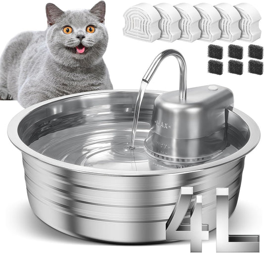 Cat Water Fountain, 4L/135OZ Stainless Steel Pet Fountain Dog Water Dispenser with 6 Filters & 6 Sponges, Dog Water Bowl Cat Drinking Fountains Watering Supplies with Ultra-Quiet Pump for Pets Indoor - Pet Explorer