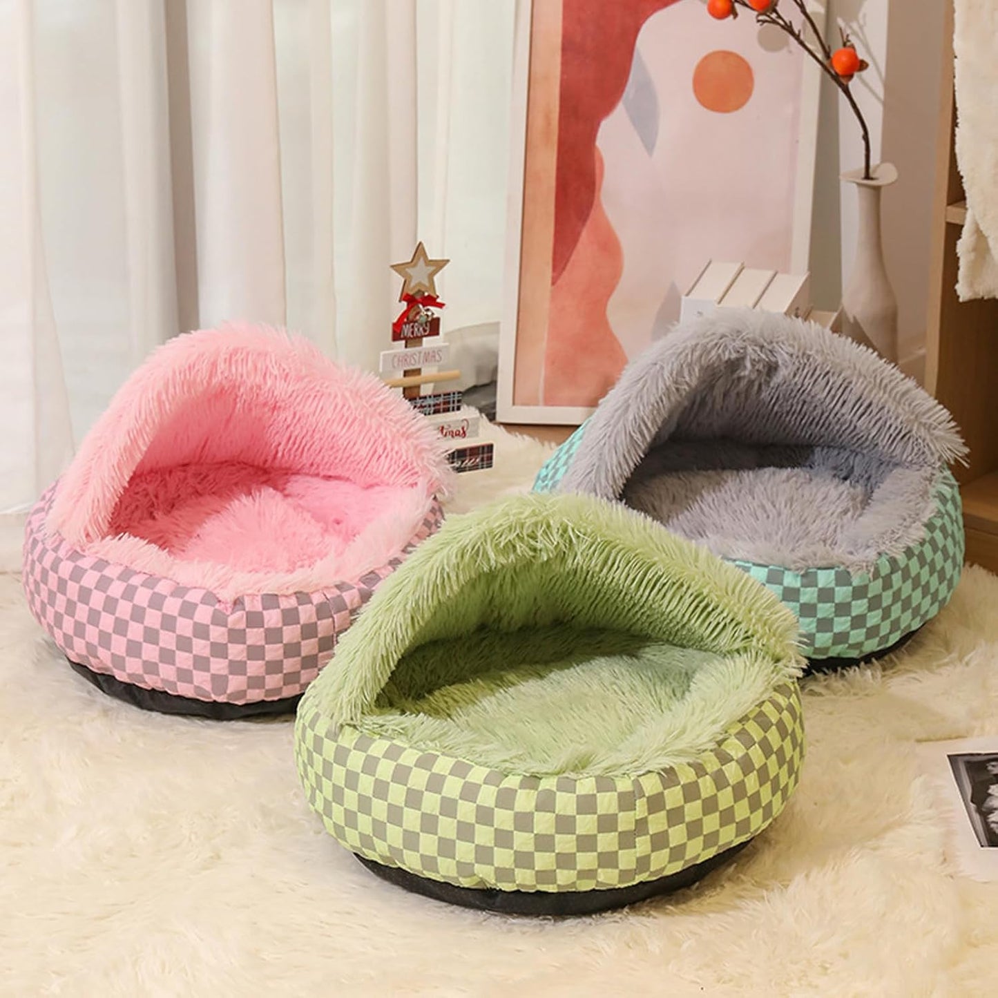Cat Bed Hooded Plush Nest with Self-Warming Cozy Cave, Calming Anti-Anxiety Pet Bed for Indoor Cats & Small Dogs, Removable Washable Cover & Waterproof Bottom - Gray - Pet Explorer