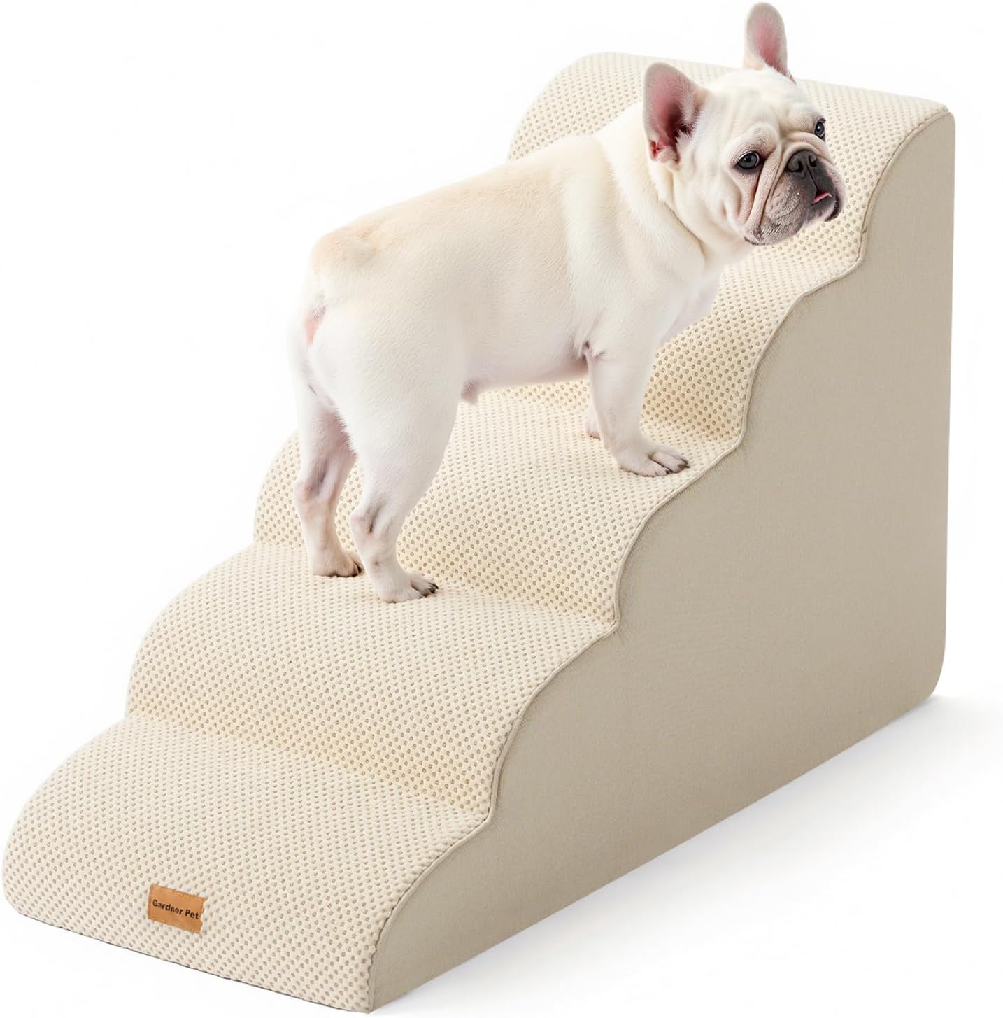 Gardner Pet Dog Stairs for Small Dogs 22.8" H, 5-Step Beige Curved Pet Stairs, Dog Steps for High Bed, Couch (24-30 in) with Durable Non-Slip Waterproof Fabric Cover and CertiPUR-US Certified Foam - Pet Explorer