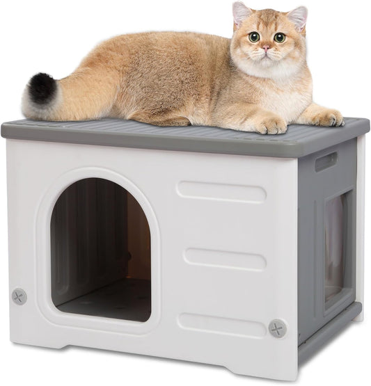 Rockever Plastic Cat House Outdoor with Escape Door, Waterproof Feral Cat House Outdoor Indoor, Sturdy Cat House for Outdoor Cats, Assemble Easily-Grey - Pet Explorer
