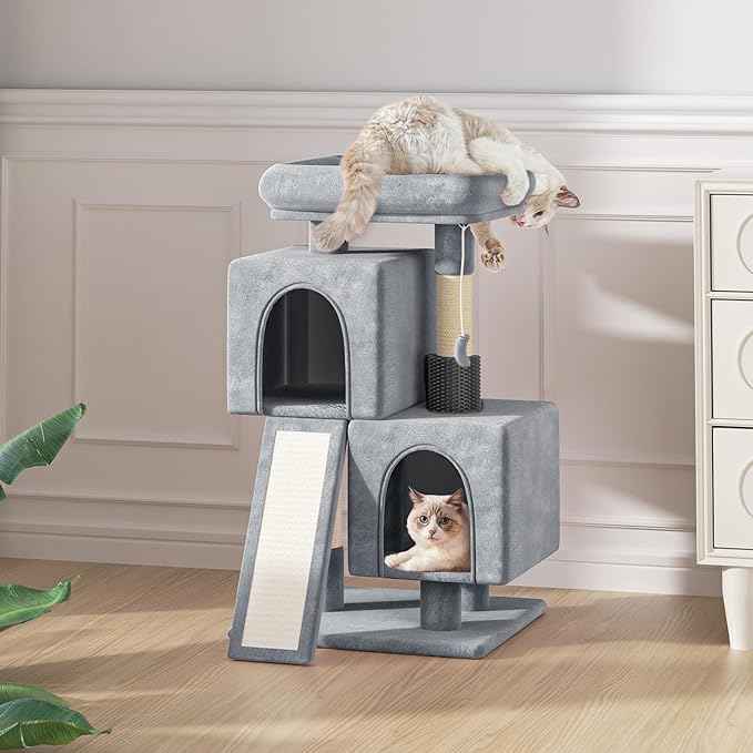 MoNiBloom Cat Tree Tower, 34 Inch Cat Tower with 2 Condos, Scratching Post & Sisal-Covered Scratching Board, Small Cat Climbing Tower, Pet Play House for Indoor Cats, Light Grey