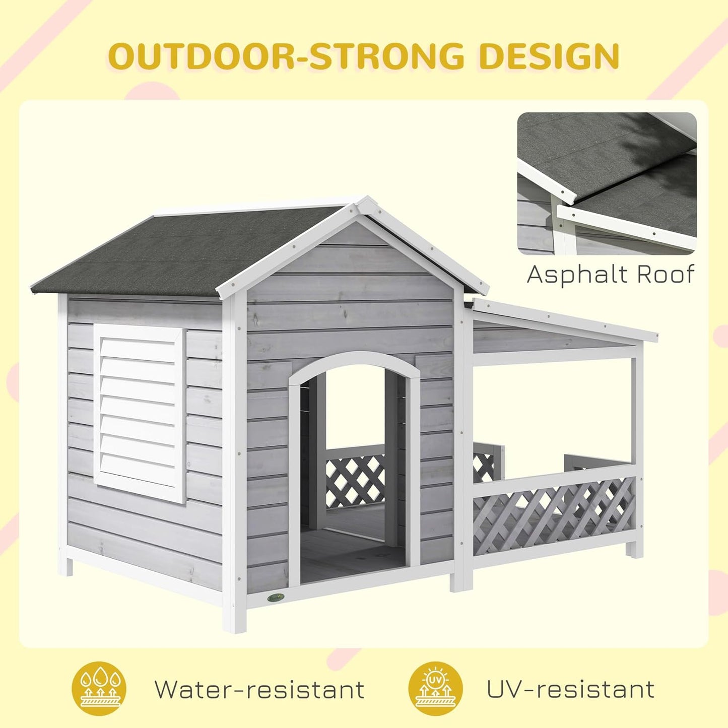 PawHut Wooden Dog House Outdoor with Porch, Cabin Style Raised Dog Shelter with Asphalt Roof, Doors, and Shutter Window, for Medium Large Sized Dog, Light Gray - Pet Explorer
