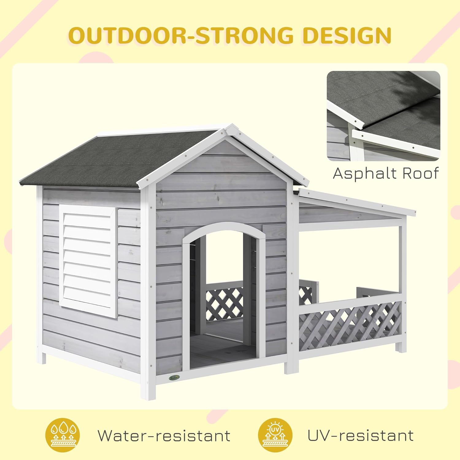 PawHut Wooden Dog House Outdoor with Porch, Cabin Style Raised Dog Shelter with Asphalt Roof, Doors, and Shutter Window, for Medium Large Sized Dog, Light Gray - Pet Explorer