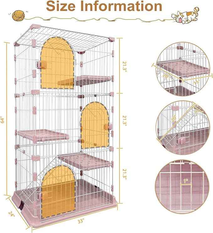 Cat Cage 3-Tier Indoor Cat Enclosure with Widen Bottom Buckle & Reinforced Locking Clamps DlY Cat Playpen for 2-3 Cats & Small Pets,33" Lx 24" W X 64" H (Pink, Three-Tier64)
