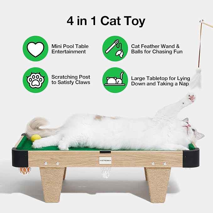 VETRESKA 4 in 1 Cat Toys Mini Pool Table, Gift for Cats, Feather Wand Toy Cat Billiard Ball Puzzle Toy, Pool Table with Scratching Post, Cat Interactive Exercise Play Rest Beds & Furniture