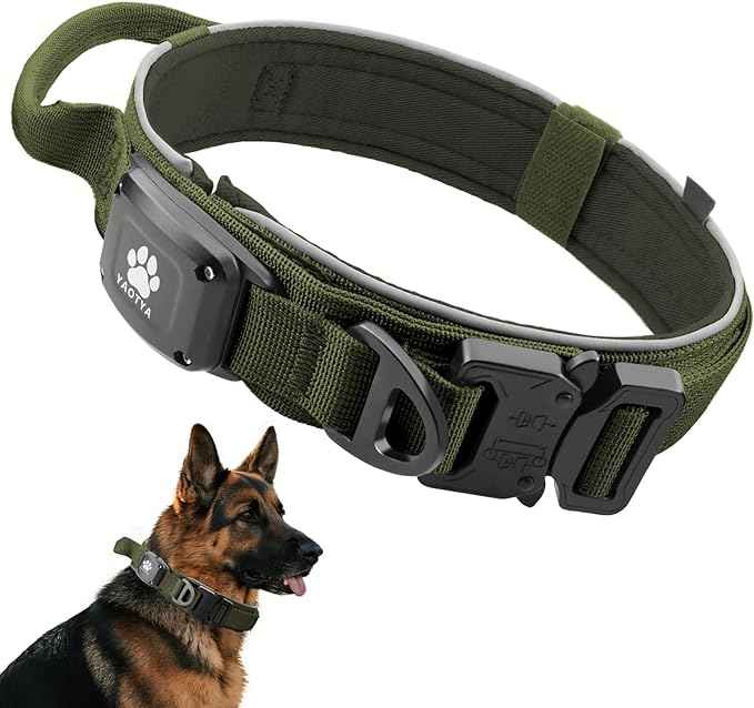 2026 Upgrade Dog Collar with IPX8 Waterproof AirTag Holder,Military Tactical Comfortable Control Handle and Ultra-Durable Metal Buckle/Night Reflective,GPS Collar for Medium to Large Dogs（ArmyGreen/L）