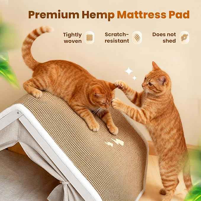 Cat Houses for Indoor Cats - Large Cat Bed Cave with Natural Sisal Cat Scratcher Mat, Solid Wood Frame Cat House with Curtains and Cat Floor Scratching Pad Rug, Protect Couch and Carpets, L