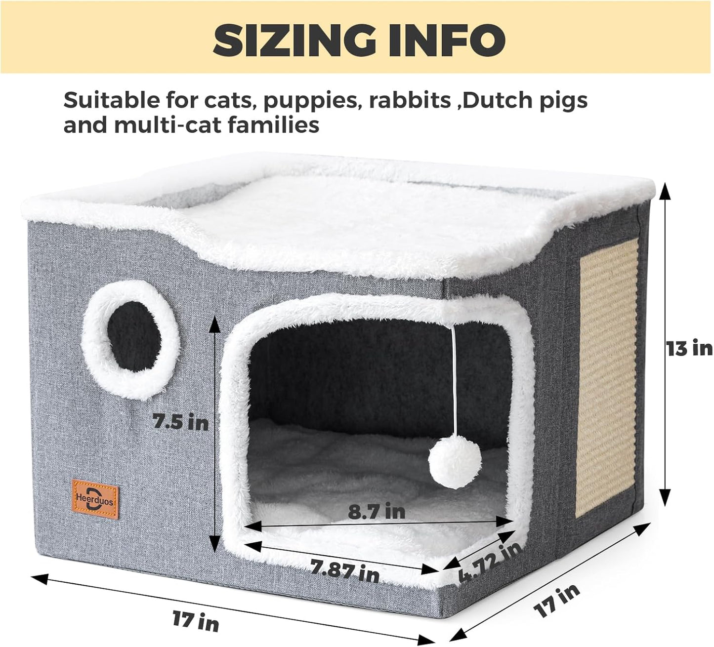 Cat Bed for Indoor Cats,Covered Cat Cave House & Furniture with Scratch Pad,Foldable Cat Hideaway Hut Cute Cat Condo with Soft Washable Mat for Multi Small Pet Under 30 lbs,Dark Grey - Pet Explorer