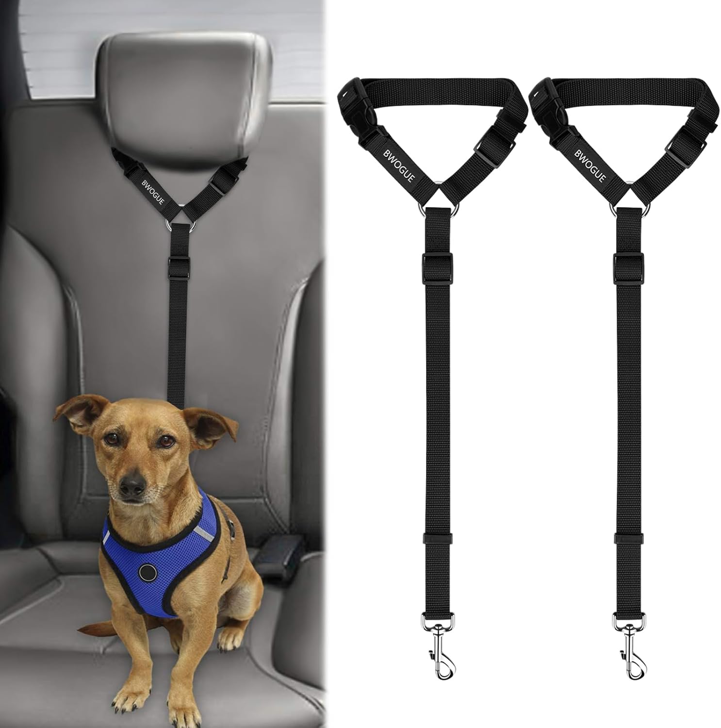 BWOGUE 2 Packs Dog Cat Safety Seat Belt Strap Car Headrest Restraint Adjustable Nylon Fabric Dog Restraints Vehicle Seatbelts Harness - Pet Explorer