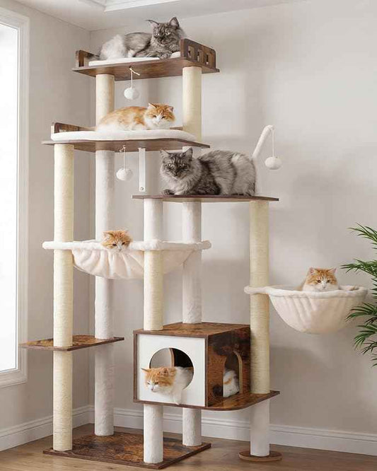 Heybly Cat Tree, 70.5 Inch Wood Tall Cat Tower for Large Indoor Cats with Extra Stable Structure, Modern Cat Furniture with All-Sisal Scratching Posts, Cat Condo & Hammocks, Rustic Brown HCT121SR
