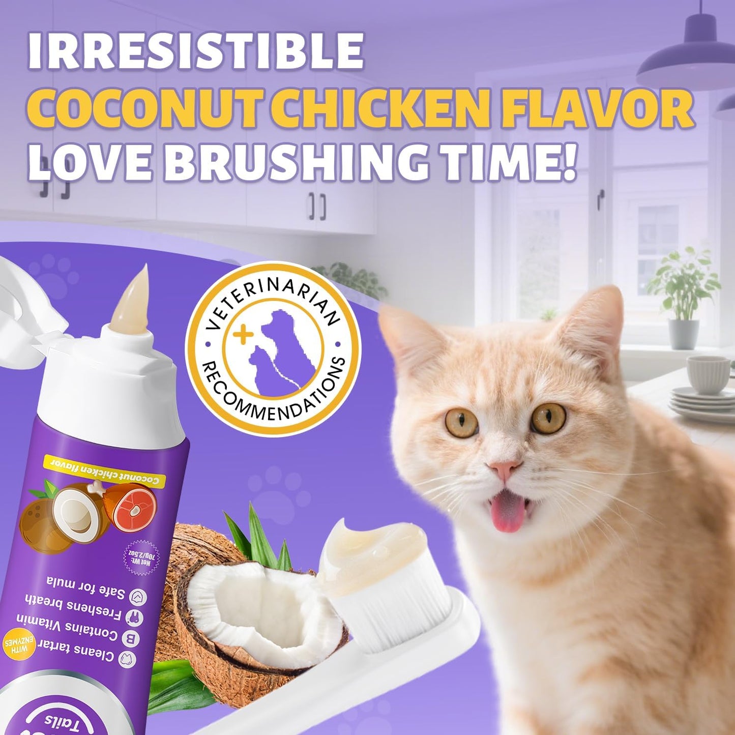 Cat Toothbrush and Toothpaste Kit - Includes Toothpaste (Coconut Chicken 2.5 oz.) Soft Brush, Finger Brush - Provides Safe and Effective Oral Care for Kittens and Adult Cats - Pet Explorer