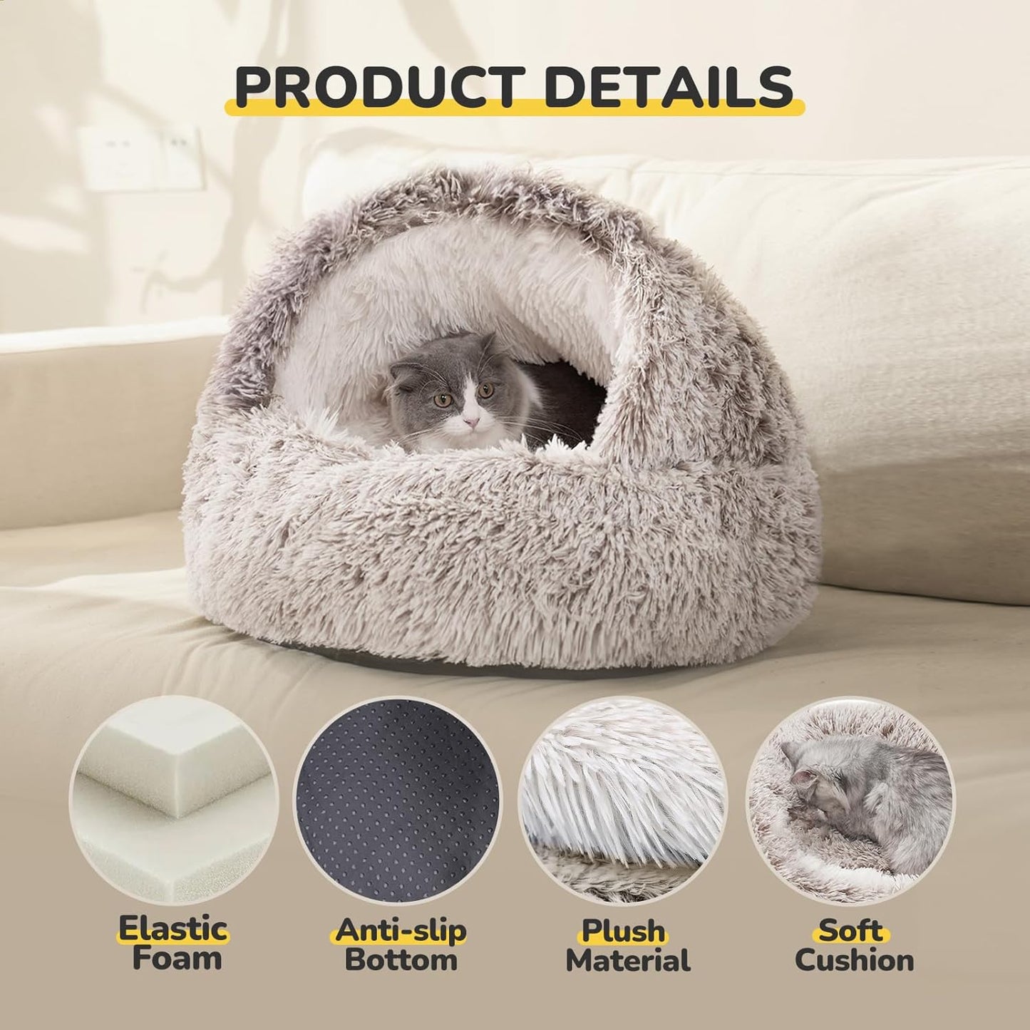 CATISM Plush Hooded Cat Bed, Calming Nest, Self-Warming Cave, Cozy Pod for Indoor Cats or Small Dogs, Removable Washable Cove With Non-Slip Bottom - Pet Explorer