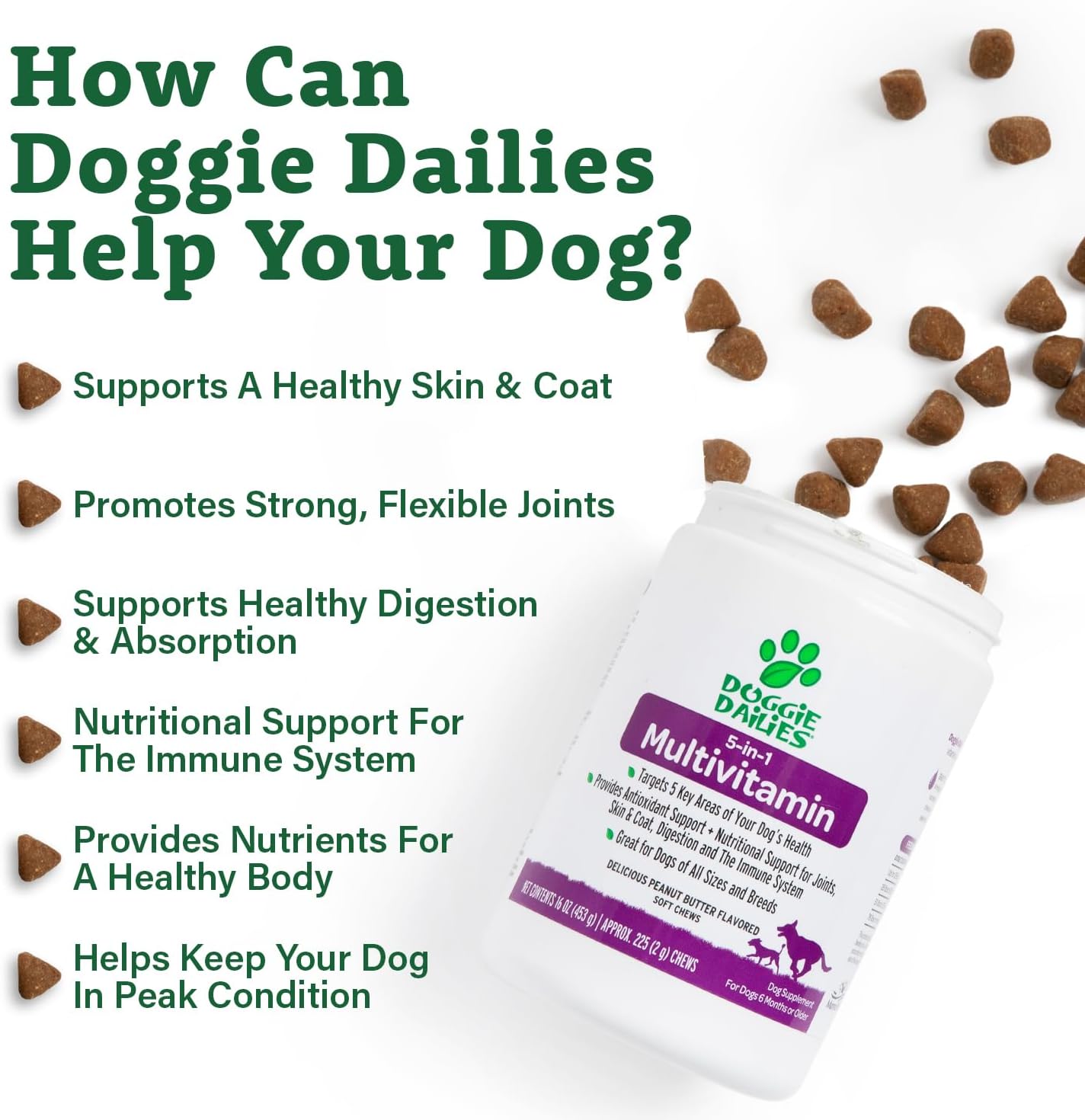 Doggie Dailies 5 in 1 Multivitamin for Dogs, Dog Multivitamin for Skin and Coat Health, Joint Health, Improved Digestion, Antioxidants, Support a Healthy Immune System (Peanut Butter) 225 Soft Chews - Pet Explorer