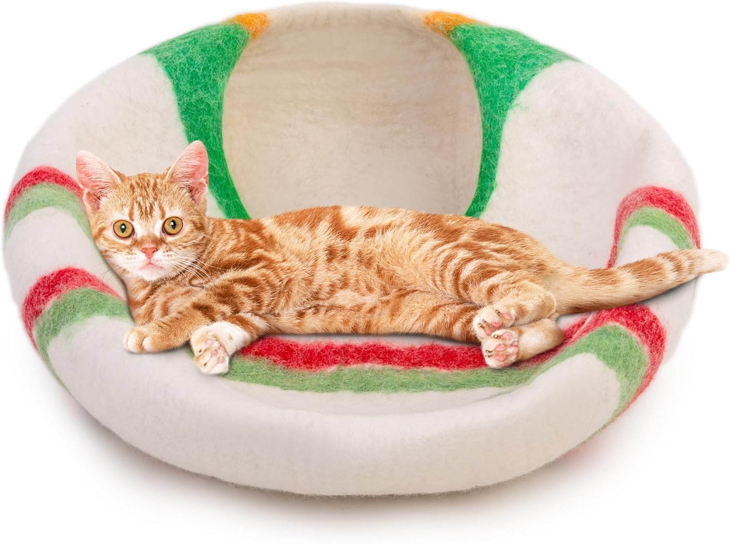 Woolygon Premium Felt Cat Cave Bed – Wool Kitty Beds Handcrafted Kitten Caves Bed for Indoor Cats - Made from 100% Eco-Friendly Merino Wool, Foldable Cat Hidewawy Covered Cat House Pod (Candy Swirl) - Pet Explorer