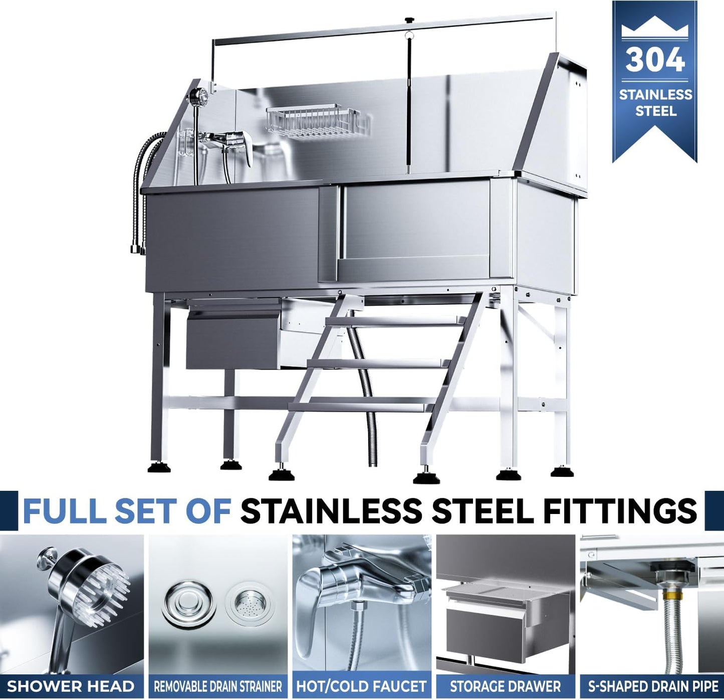 Professional 46" Dog Washing Station, Stainless Steel Dog Bathing Station, Height Adjustable Dog Wash Station, Storage Drawer, Upgrade Parts, Home, Commercial (Right Step) - Pet Explorer