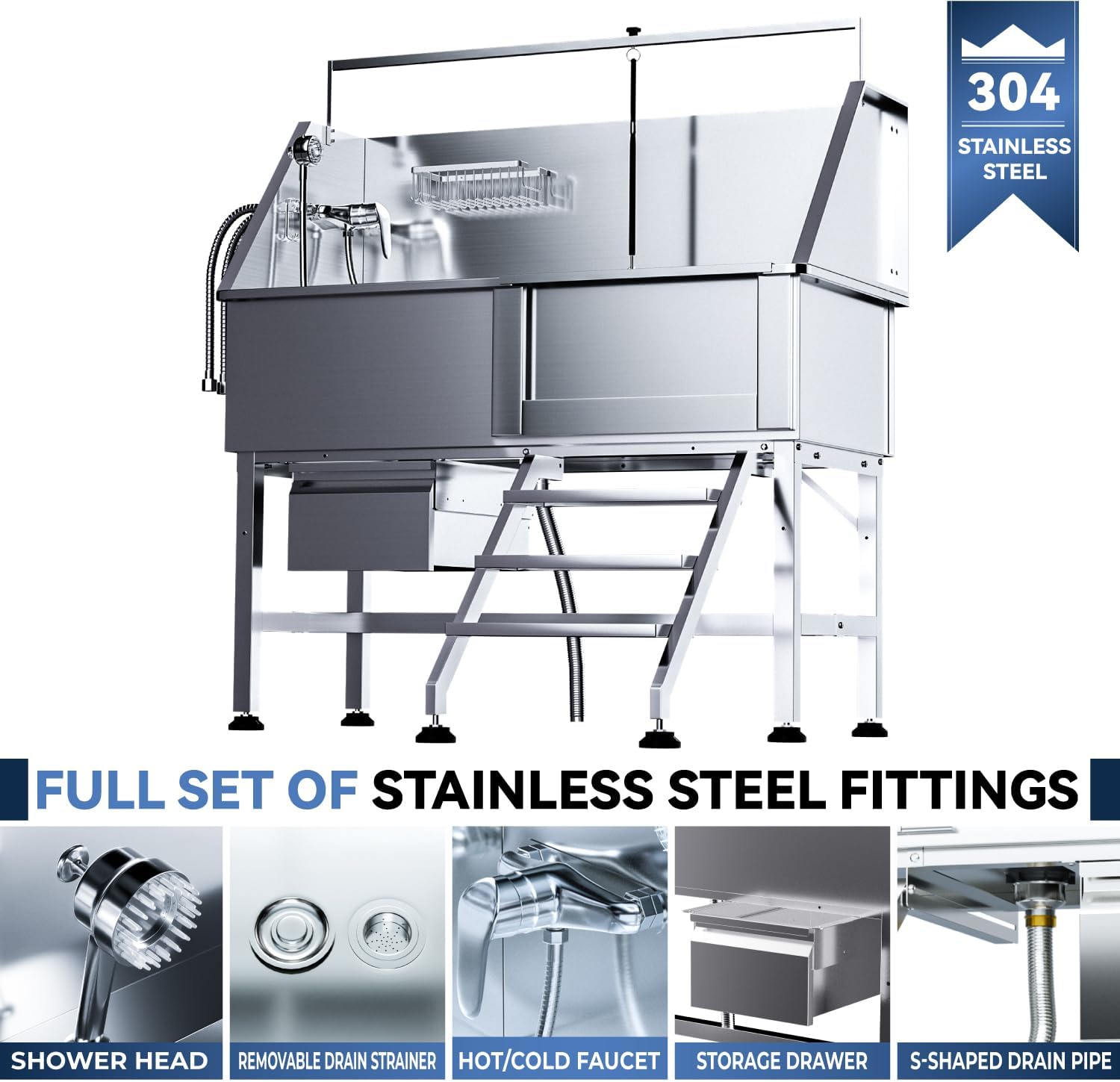 Professional 46" Dog Washing Station, Stainless Steel Dog Bathing Station, Height Adjustable Dog Wash Station, Storage Drawer, Upgrade Parts, Home, Commercial (Right Step) - Pet Explorer