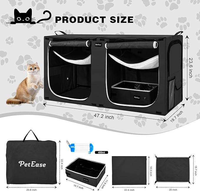 Huge Sapce Double Compartment Cat Travel Carrier with Litter Box & Homack | Cat Show Kennel Cage Crate with Mat & Water Bottle