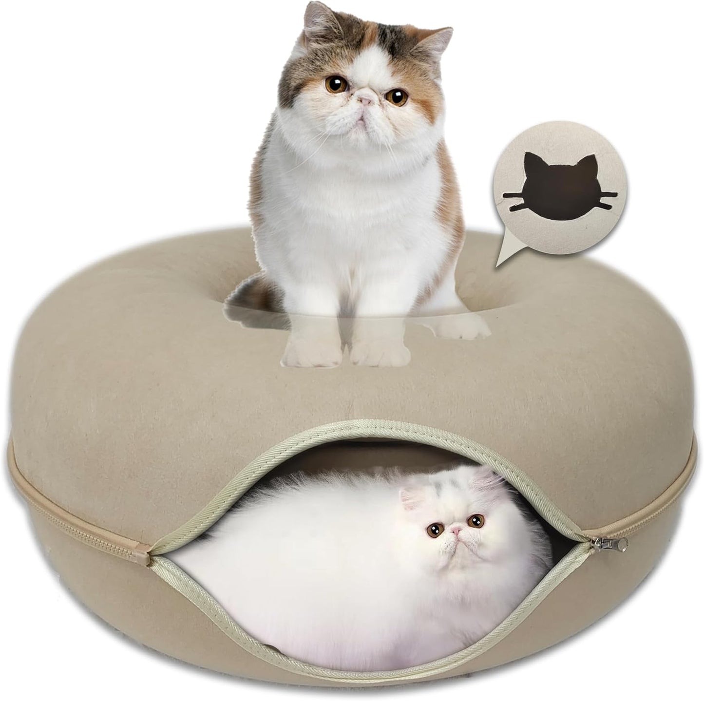 Donut Cat Tunnel Bed Peekaboo Cat Cave for Large Cats Up to 30 Lbs, Kitty Interactive Playing Tent House for Multiple Cats,Detachable,Scratch Resistant (Beige, Large - 24 Inch Diameter) - Pet Explorer