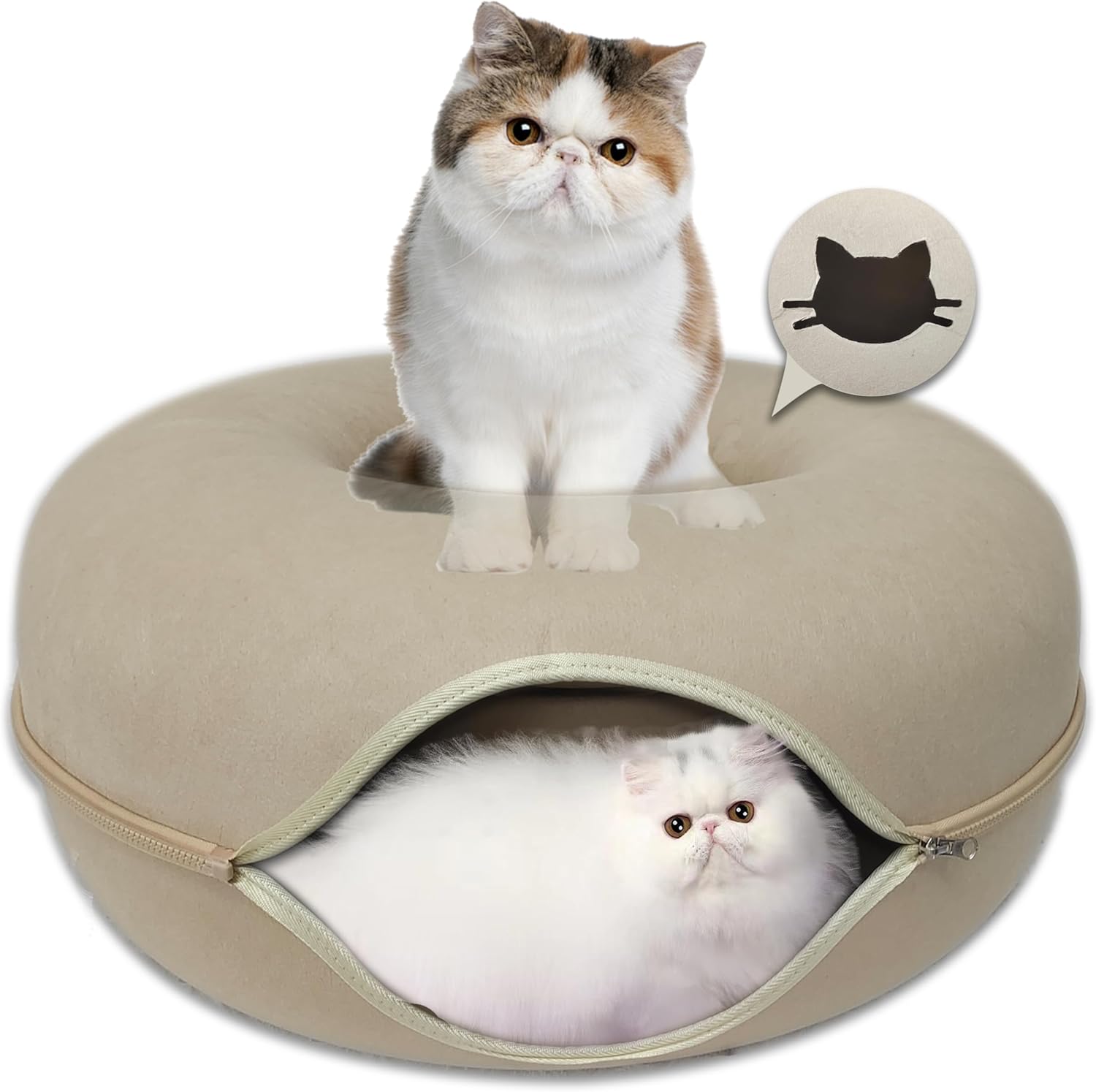 Donut Cat Tunnel Bed Peekaboo Cat Cave for Large Cats Up to 30 Lbs, Kitty Interactive Playing Tent House for Multiple Cats,Detachable,Scratch Resistant (Beige, Large - 24 Inch Diameter) - Pet Explorer