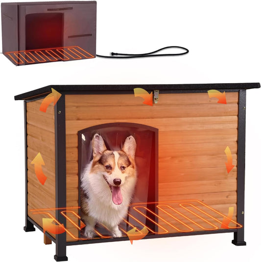 GUTINNEEN Heated Dog House Outdoor 35.5" Large Dog Kennel with Metal Frame Insulated Dog Crate Cage for Large Dogs Outside with Heater and Insulated Liner, Brown - Pet Explorer