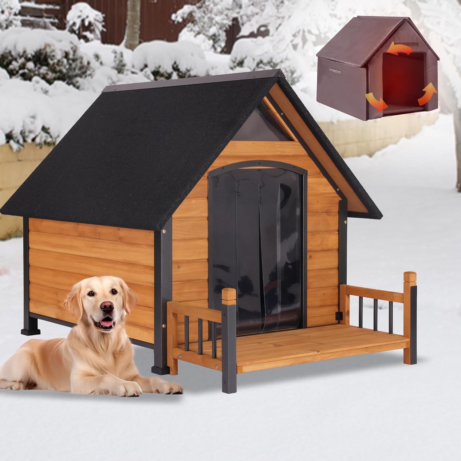 Large Outdoor Dog House Insulated, Weatherproof Dog Kennel with Porch, Anti-Chewing Metal Frame, for Medium to Large Breed - Pet Explorer