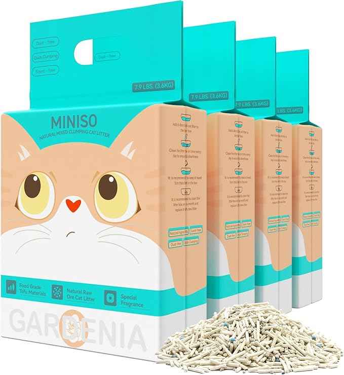 MINISO Clumping Cat Litter, Tofu+Bentonite+Cassava, Odor Control, Rapid Clumping, Water Absorbent and Toilet Flushable, Multi-Cat, Gardenia Style, 31.6lb (4 Pack of 7.9lb Bags)