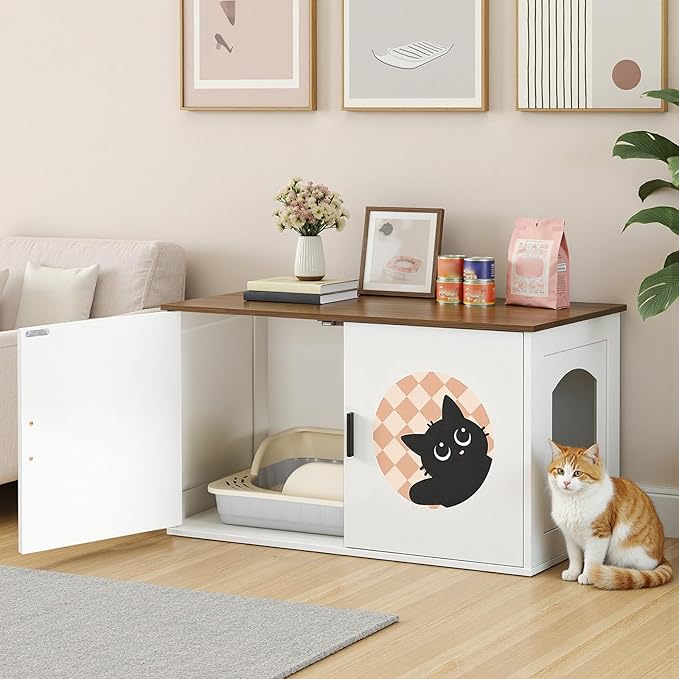 HOOBRO Hidden Litter Box Furniture, Large Cat Litter Box Enclosure Furniture, Wooden Litter Box Cabinet with Cute Cat Patterns & Arched Entrance, 31.3" L x 17.7" W x 17.3" H, White & Walnut