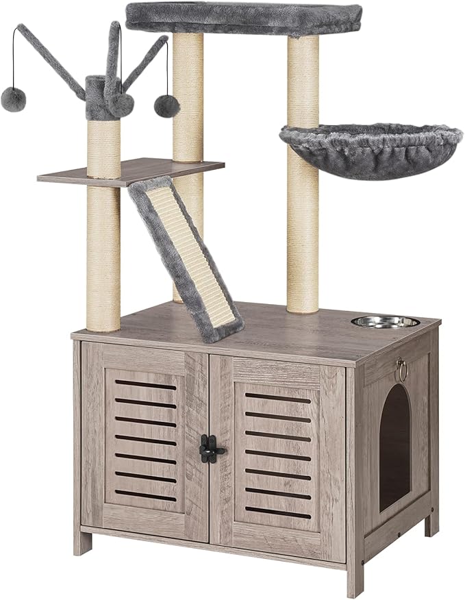 HOOBRO Cat Tree with Litter Box Enclosure, 44" Tall Wooden Cat Tower with Scratching Posts, Cat Hammock, Hidden Litter Box Furniture, All-in-One Indoor Cat Condo, Greige BG48MZ03