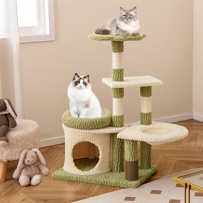 Tangkula Cute Cat Tree, Multi-Level Aesthetic Kitten Tower with Sisal Scratching Posts, Condo, Bed, Padded Plush Cushion, Self Groomer, Hammock, Perch, Green Small Cat Tree Tower for Indoor Cats