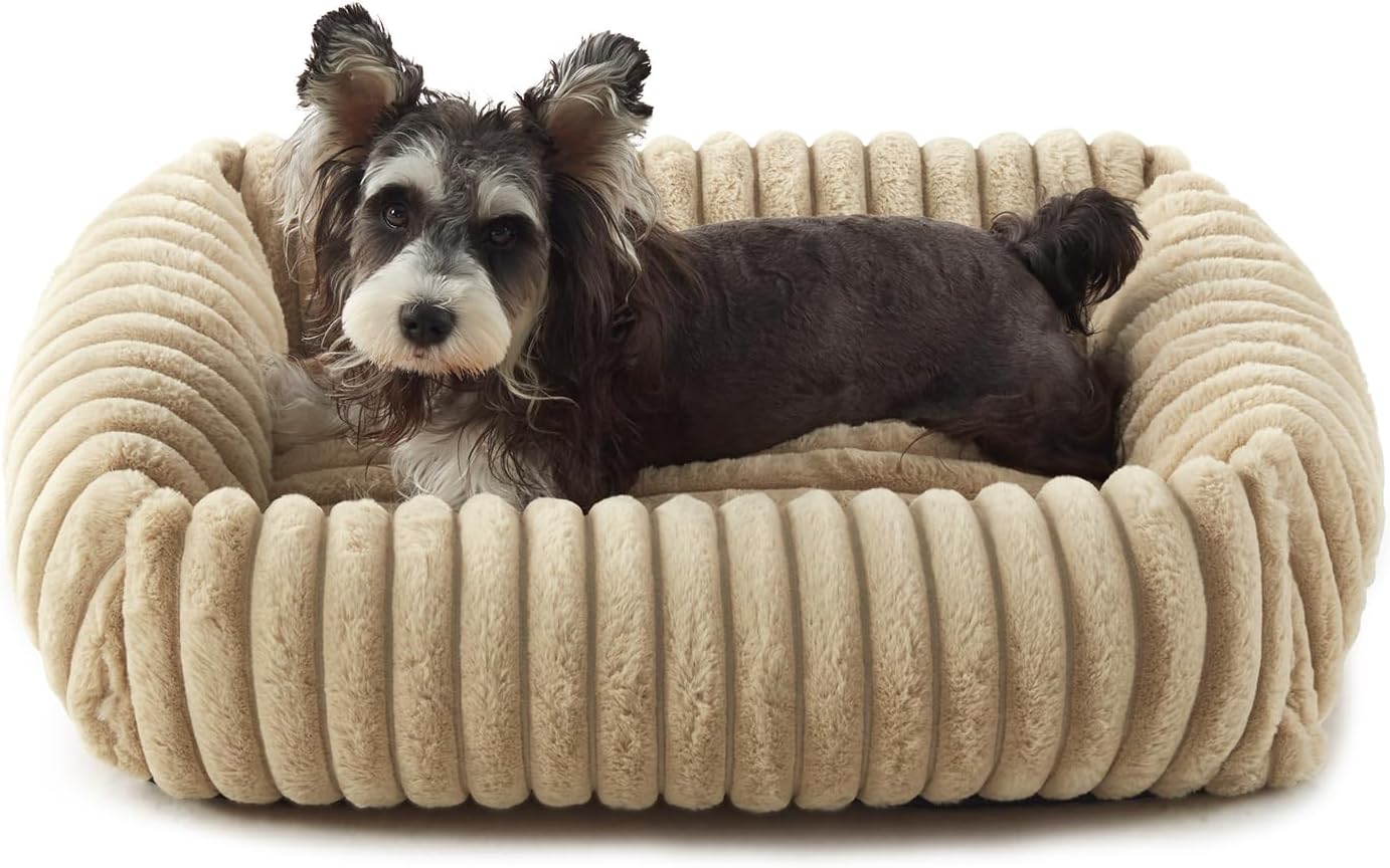 Dog Beds for Small Dogs, Washable Orthopedic Dog Bed with Removable Cover, Rectangle Soft Calming Sleeping Puppy Bed Durable Pet Cuddler with Anti-Slip Bottom, 20"x19"x6" Beige - Pet Explorer