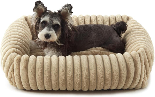 Dog Beds for Small Dogs, Washable Orthopedic Dog Bed with Removable Cover, Rectangle Soft Calming Sleeping Puppy Bed Durable Pet Cuddler with Anti-Slip Bottom, 20"x19"x6" Beige - Pet Explorer
