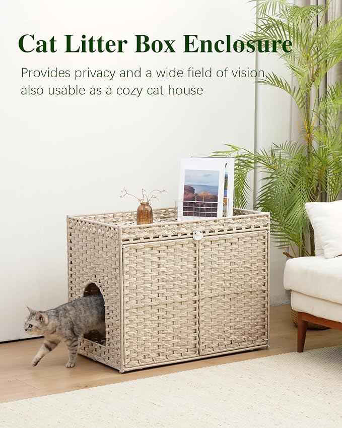 Cat Litter Box Enclosure Furniture, Hidden Litter Box, Cat Litter Box Cabinet with 2 Litter Mats, Handwoven Rattan Large Space Cat House Indoor, Living Room, Bedroom, Apartment Light Khaki