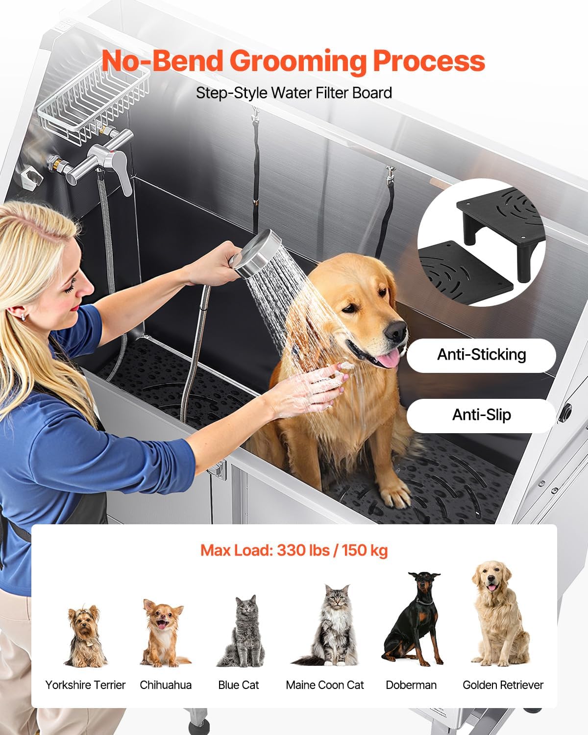 VEVOR Stainless Steel Dog Washing Station, 50 inch Pet Grooming Tub w/Ramp, PE Water Filter Board, Faucet & Showerhead & Soap Holder Dog Bathtub for Large & Medium & Small Pets (Left Door) - Pet Explorer