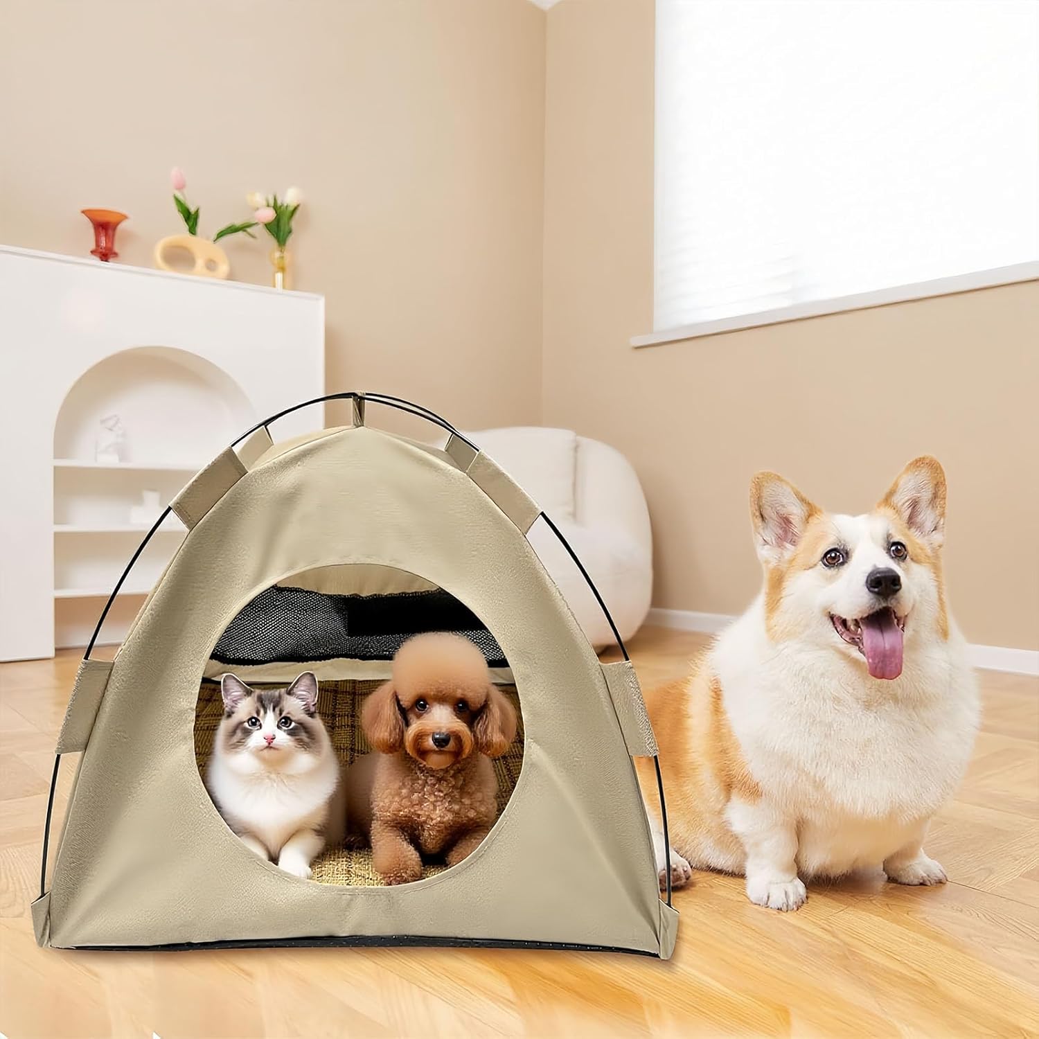 BreezyDen Pop-Up Pet Tent – Portable Hideaway for Cats & Small Dogs, Portable Indoor/Outdoor Pet Tent House with Mesh Window, Waterproof, Breathable, Scratch-Resistant, Fully Washable (Gray,L) - Pet Explorer