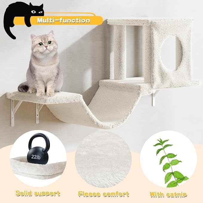 6-in-1 Cat Wall Shelves, Wooden Climbing Wall with Scratching Post, Wall Mounted Cat Furniture for Climbers, Space-Saving Cat Wall for Play & Rest, Drywall & Solid Walls