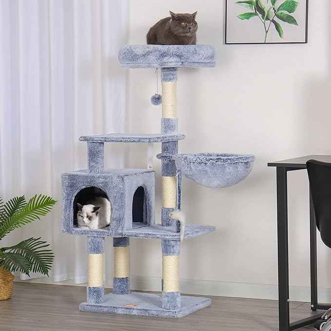 Heybly Cat Tree with Toy, Cat Tower Condo for Indoor Cats, Cat House with Padded Plush Perch, Cozy Hammock and Sisal Scratching Posts, Pewter HCT004PE
