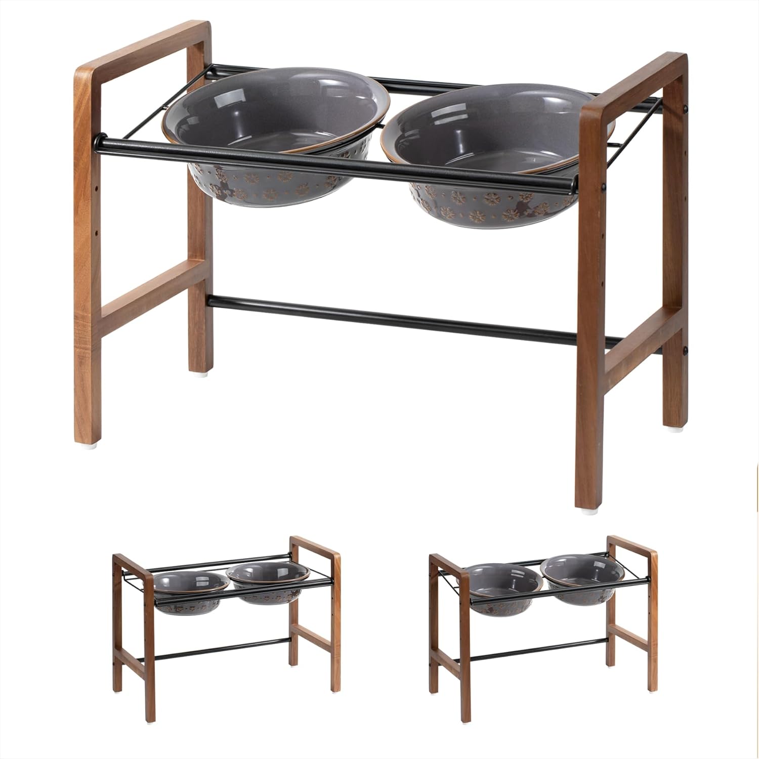 8.7inch Ceramic Adjustable Raised Double Bowls Set with Stand, 3 Heights Elevated, 2 Placement Options,Food and Water Dishes for Large Dog(Double Bowls+Stand, Reactived Glaze -Grey) - Pet Explorer