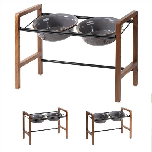 8.7inch Ceramic Adjustable Raised Double Bowls Set with Stand, 3 Heights Elevated, 2 Placement Options,Food and Water Dishes for Large Dog(Double Bowls+Stand, Reactived Glaze -Grey) - Pet Explorer